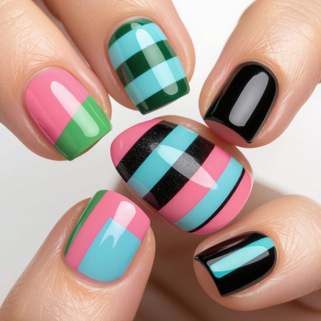 Colorful Striped Nails in Unique Geometric Designs