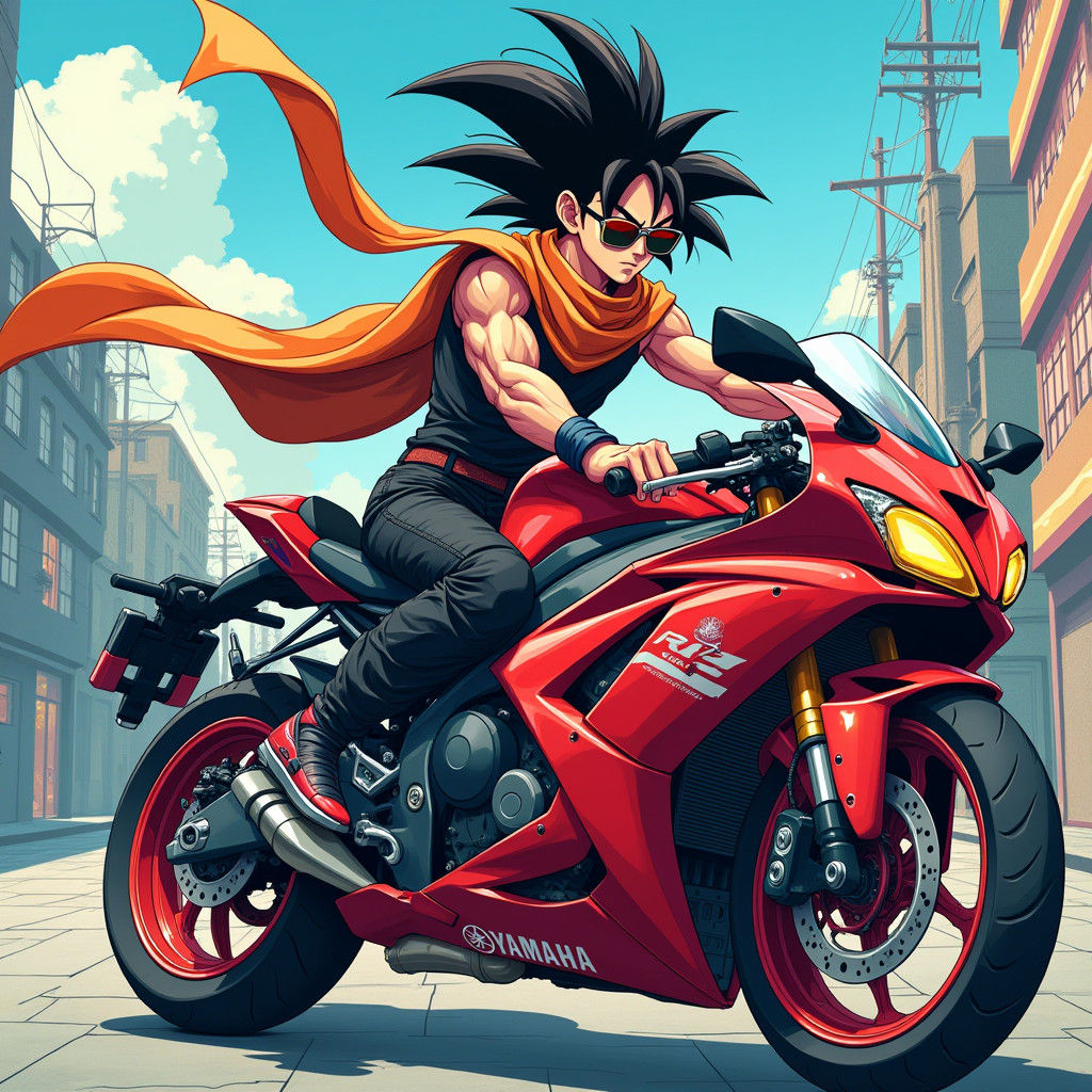 Goku on Motorcycle in Anime Key Visual Style