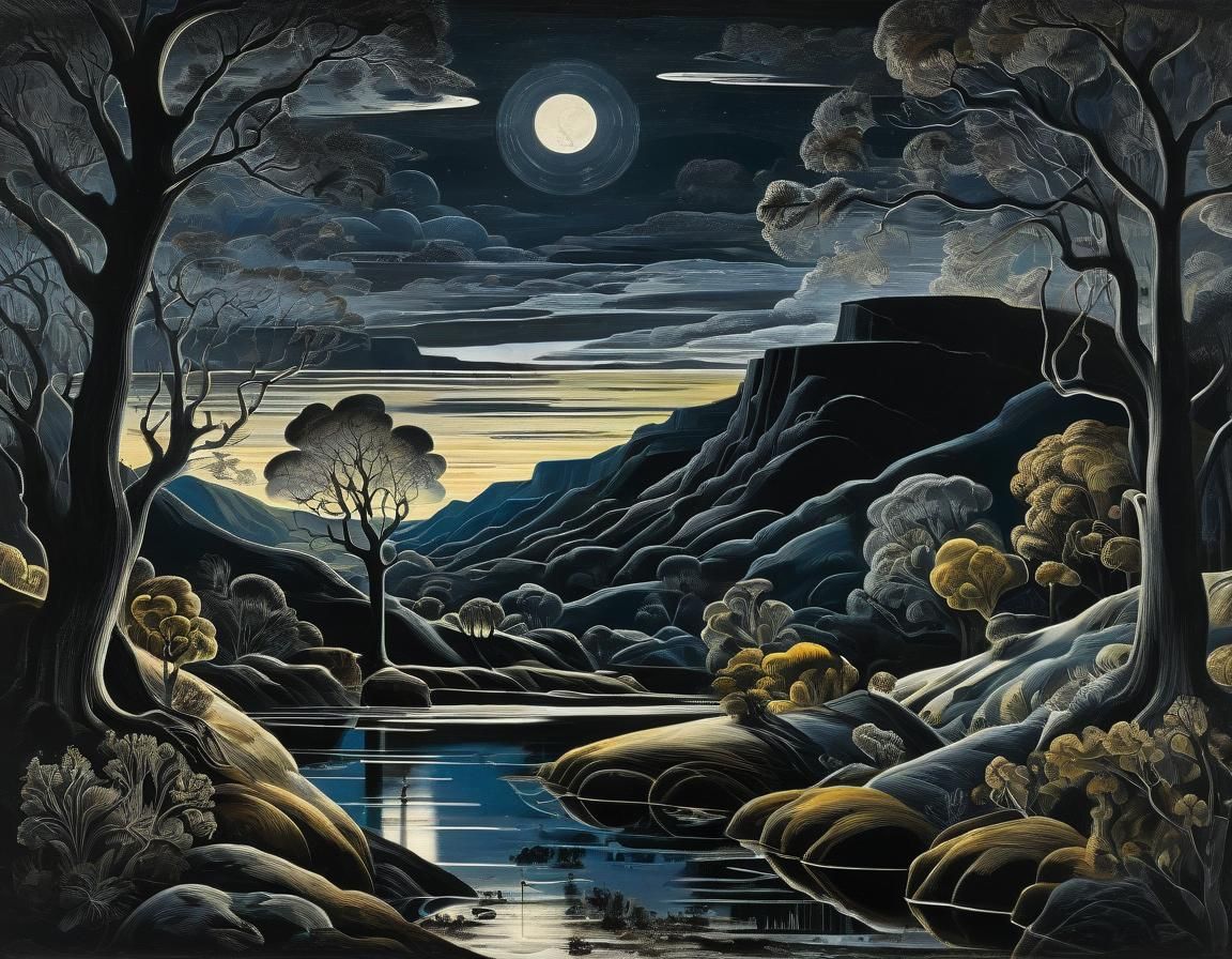 Surreal Nocturnal Landscape on Black Canvas