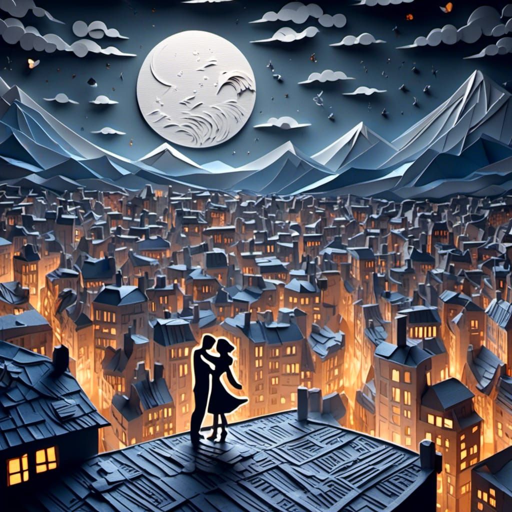 Romantic Couple Dancing Under Moonlight in Paper Art