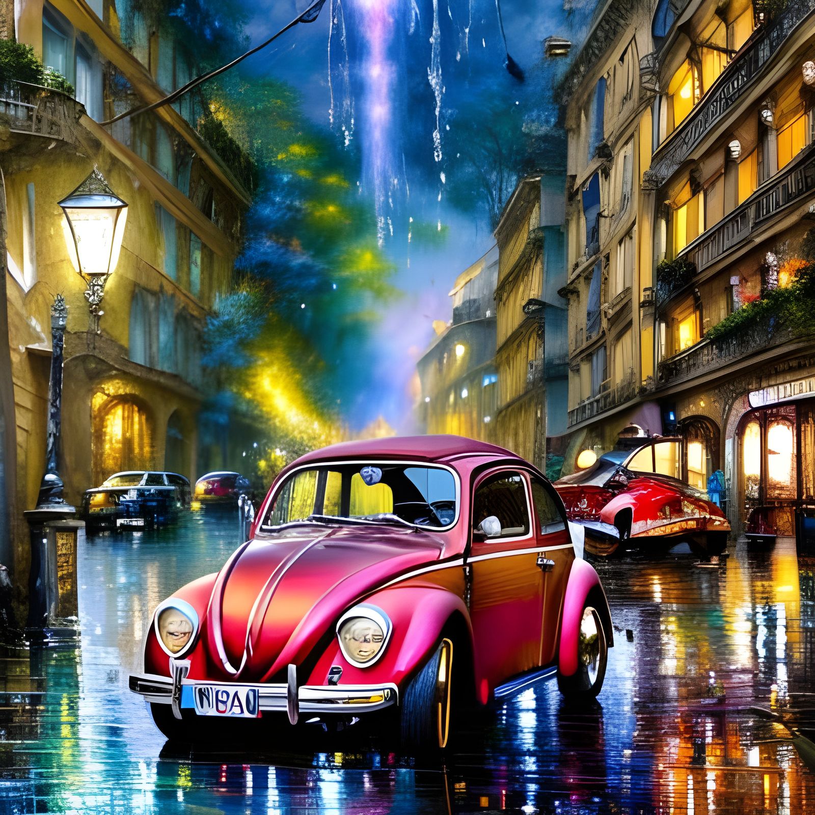 Dripping Wet VW Beetle: Surrealist Illustration