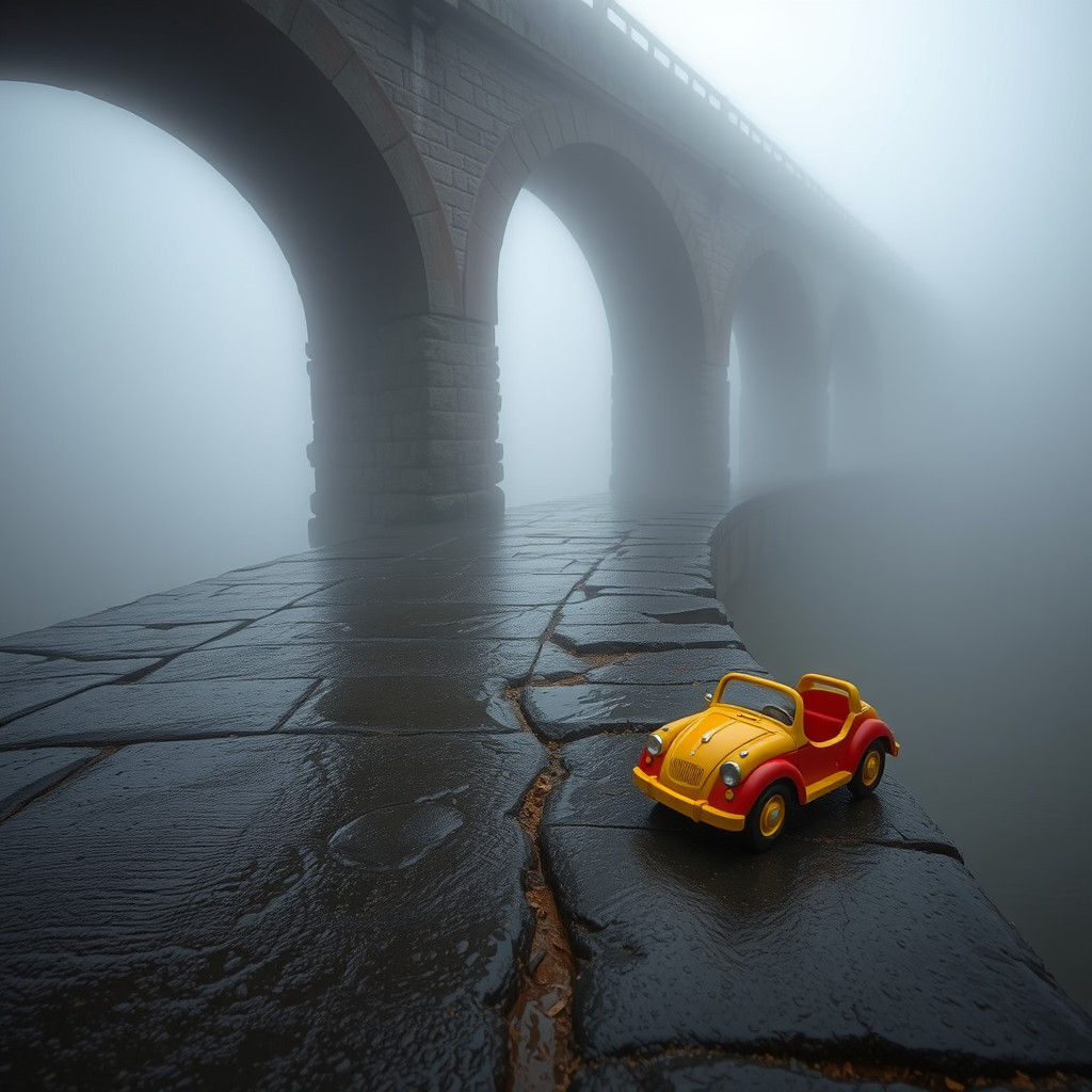 Misty Bridge with Toy Car in Eerie Silence