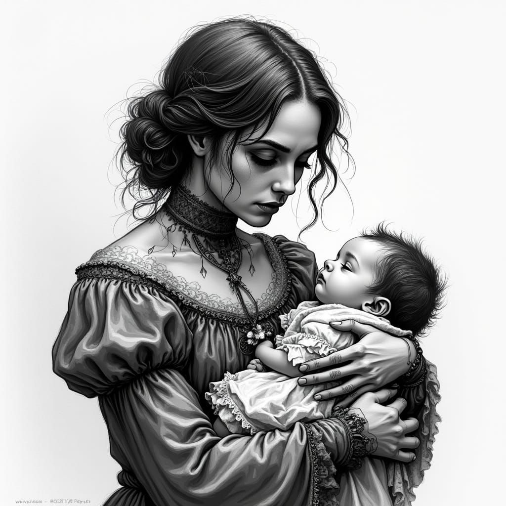 Grieving Mother with Child in Gothic Sketch Style