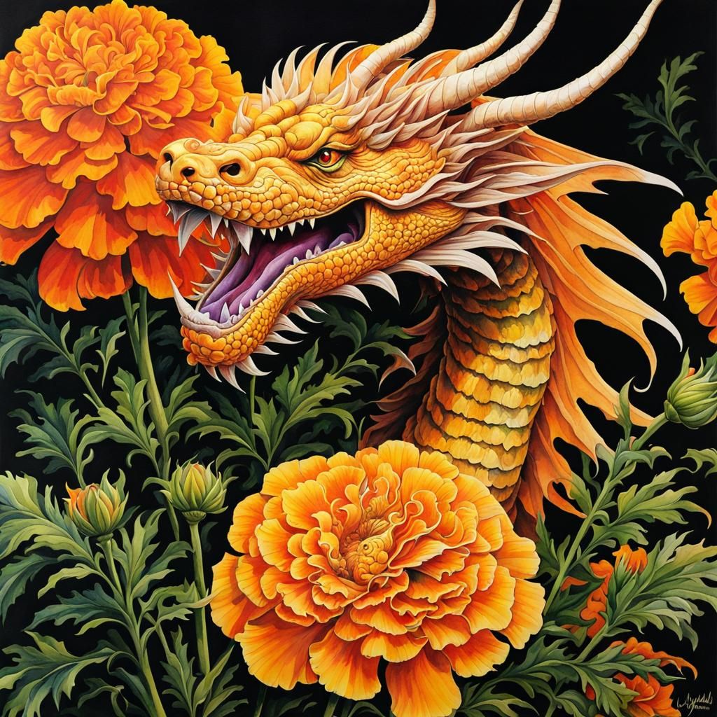 Roaring Dragon Defends Marigold Garden, Watercolor Art