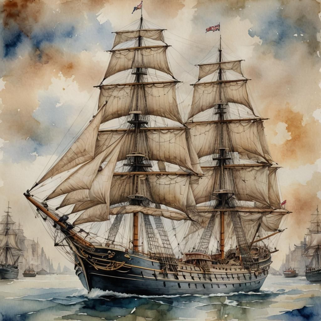 Ornate British Tall Ship in Watercolor Style