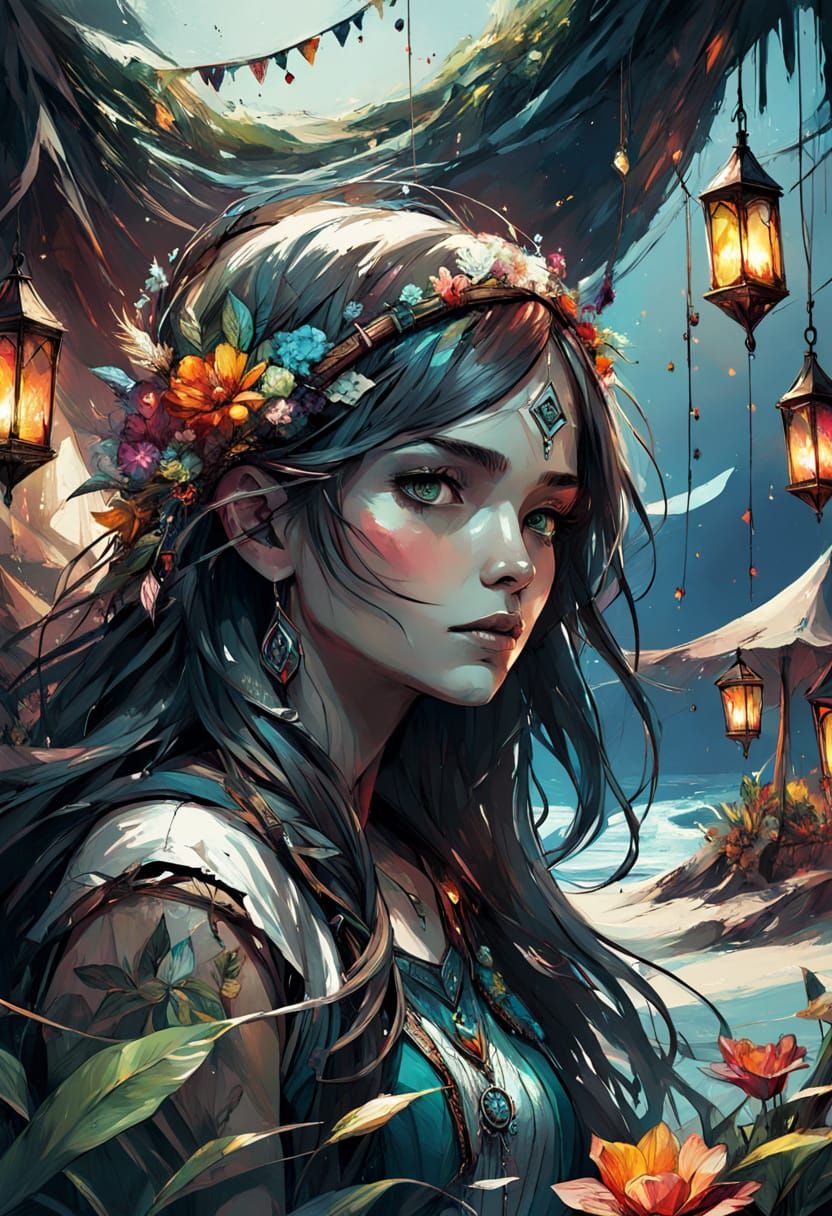 Magical Beach Tent Under Enchanted Summer Sunset