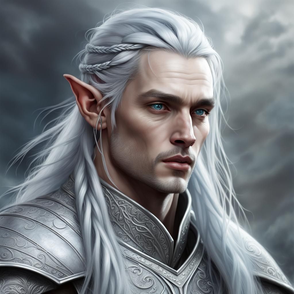 Pale Elf with Silver Hair in Moonstone Armor