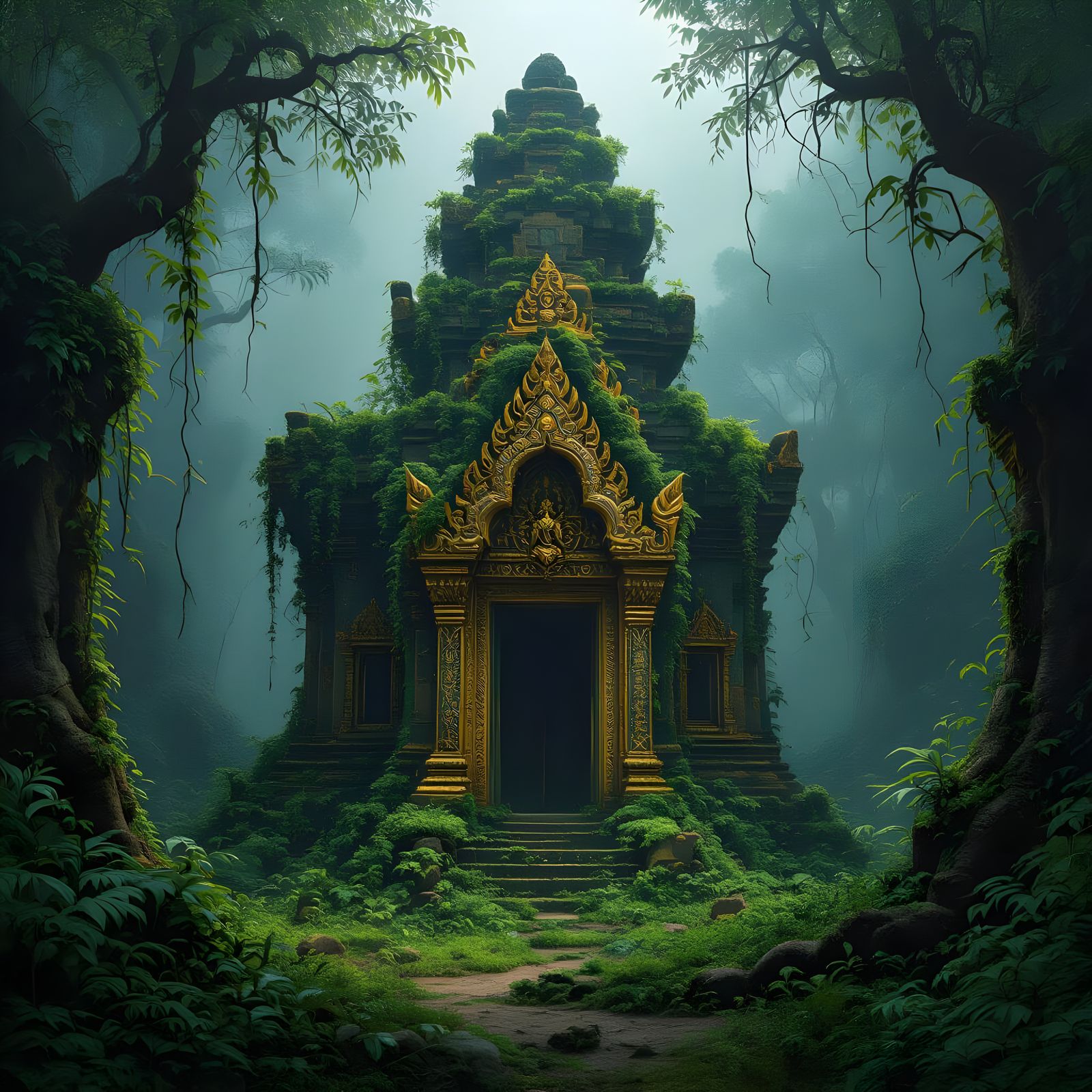 Gothic Temple in Wilderness with Golden Details