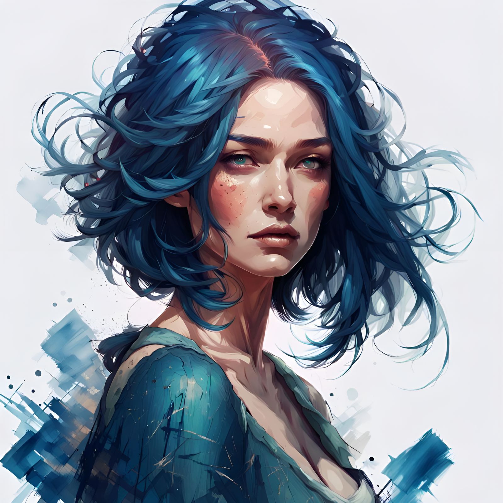 Blue-Haired Woman Portrait: Digital Illustration
