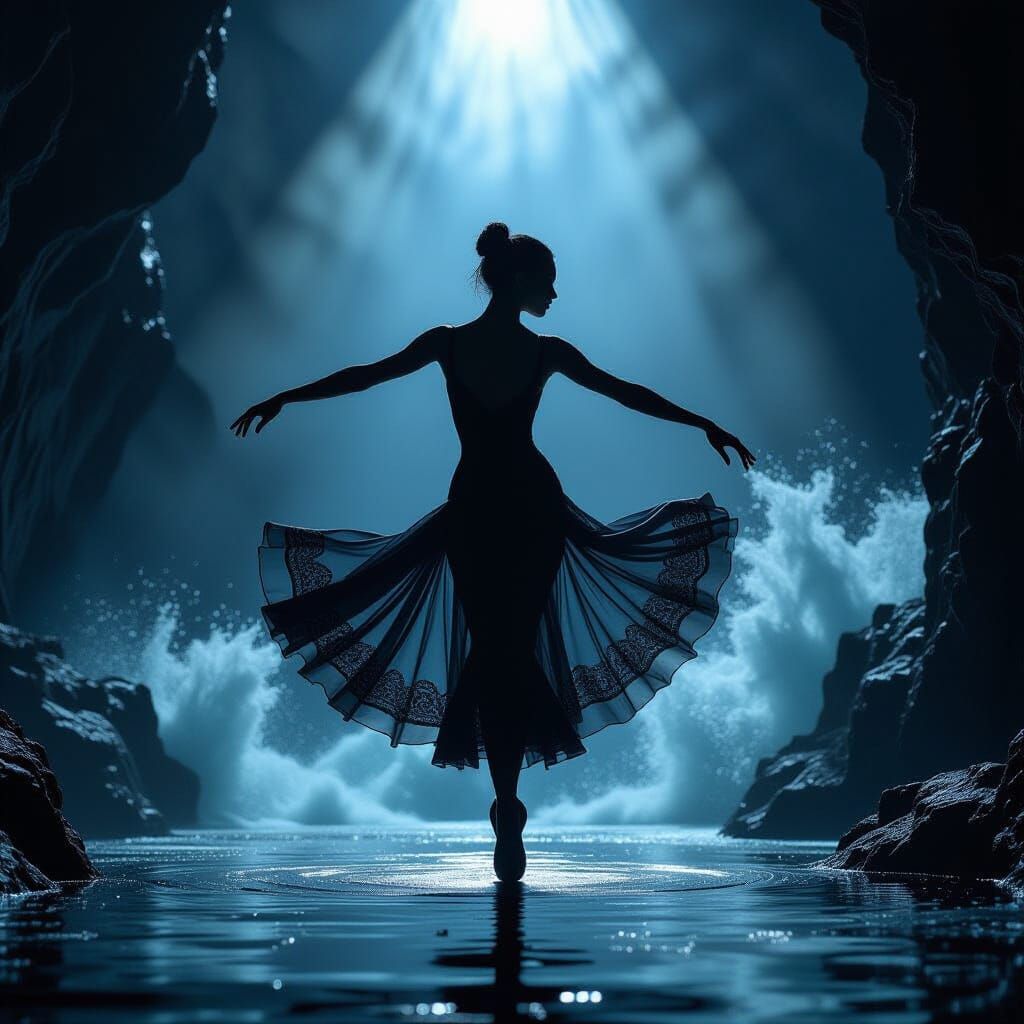 Dancer Mid-Leap: Gothic Cliffs and Dark Ocean Waves