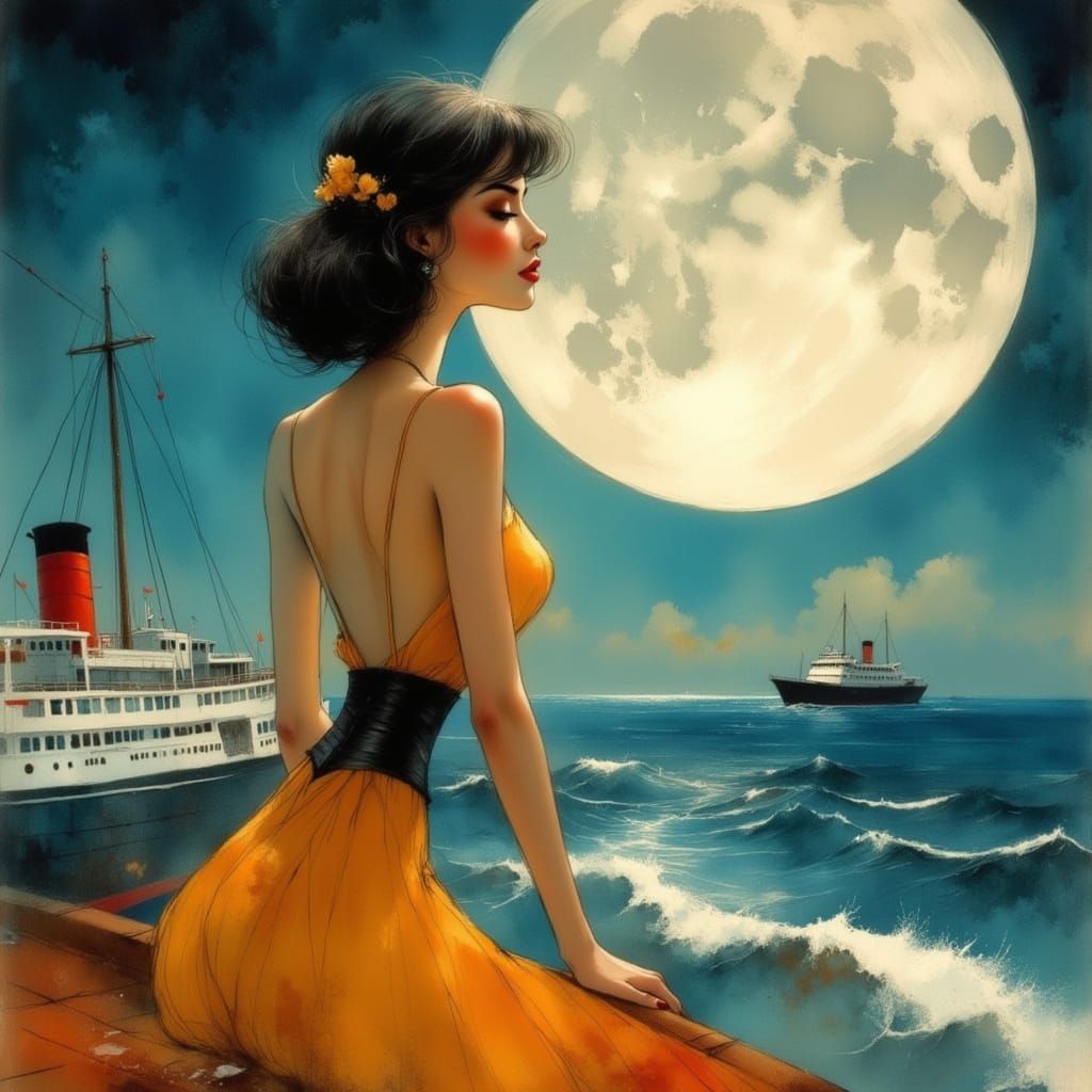 Glamorous Woman on Cruise Ship Under Moon in Retro Cartoon