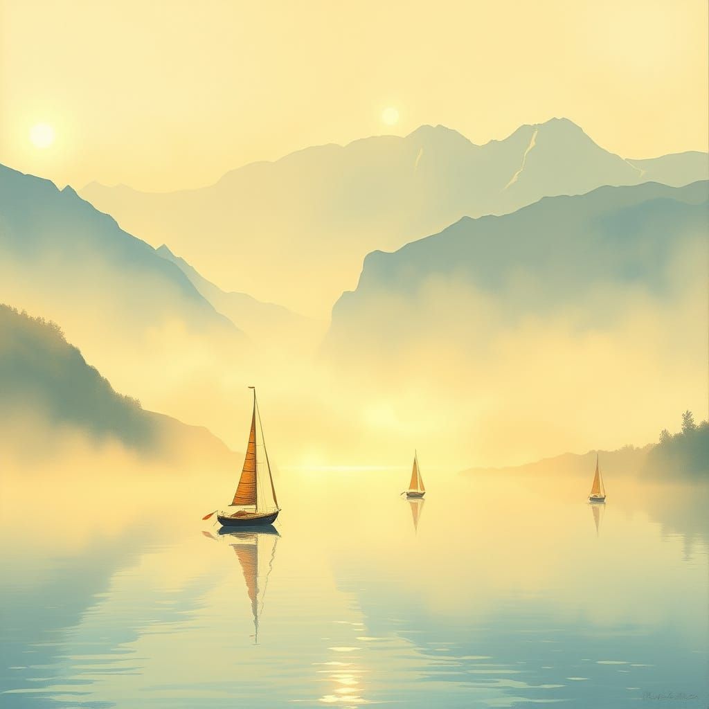 Soothing Landscape with Misty Mountains and Tranquil Lake