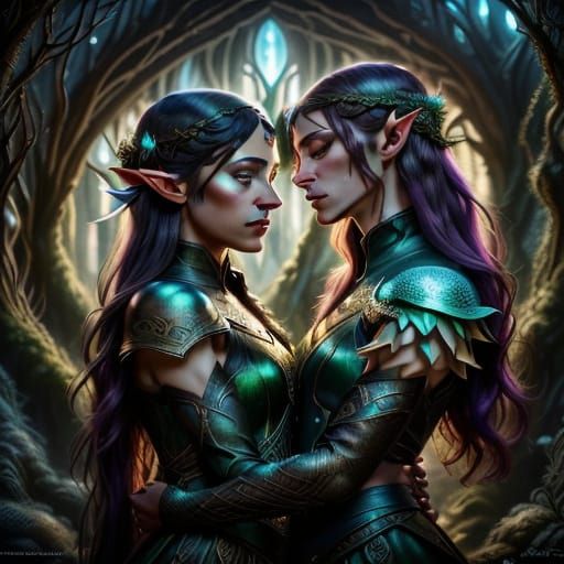Dark Elves' Forbidden Love in Moody Oil Painting