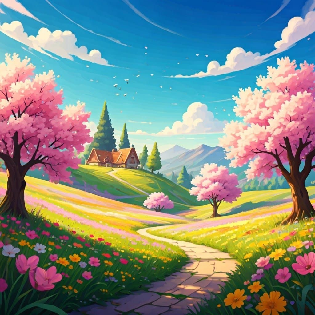Vibrant Spring Wonderland in Whimsical Painterly Style