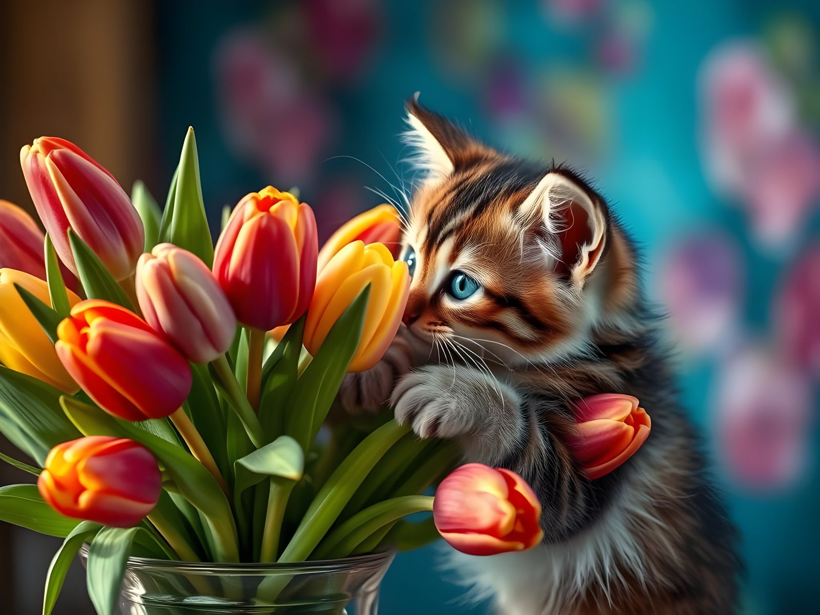 Kitten Curiously Sniffs Vibrant Tulip Bouquet in Hyperrealis...