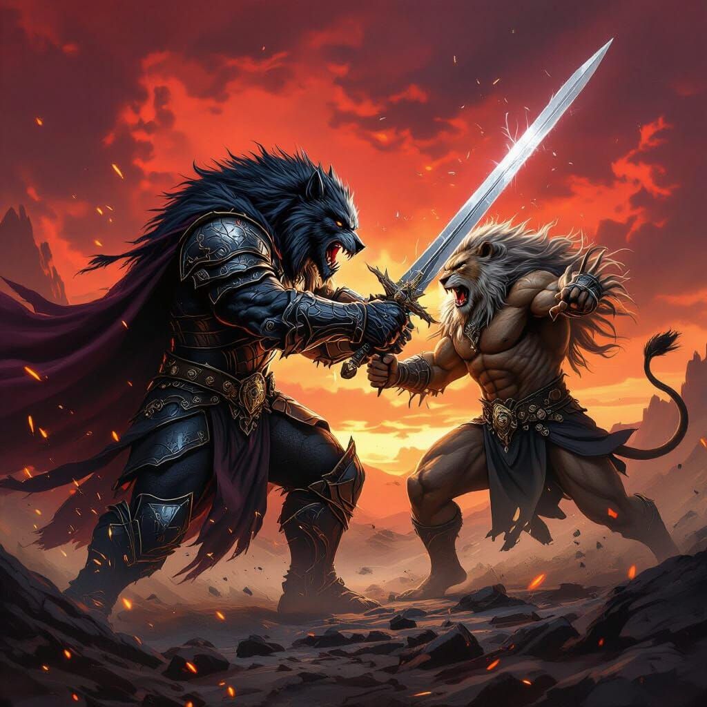Werewolf King Battles Were-Lion King in Epic Fantasy Art