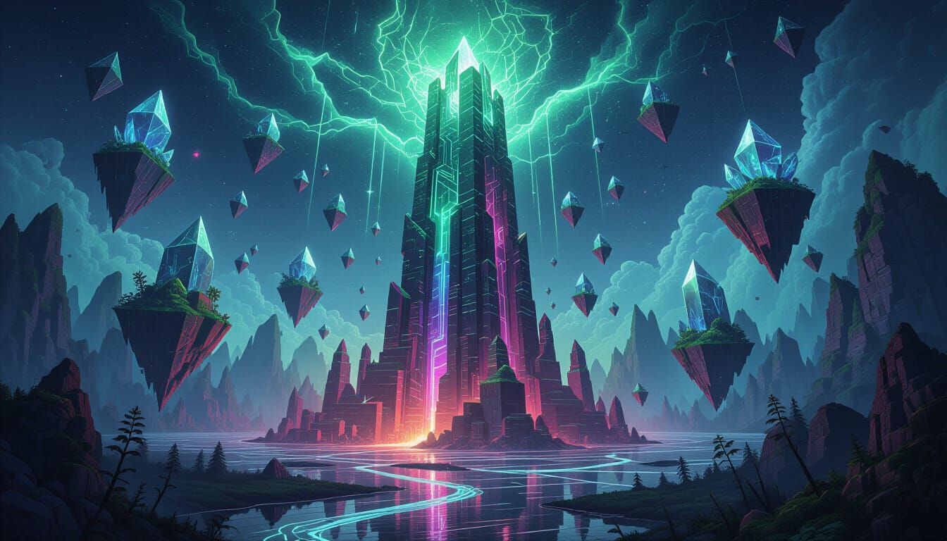 Fractal Forge Obelisk in Neon Energy Sea