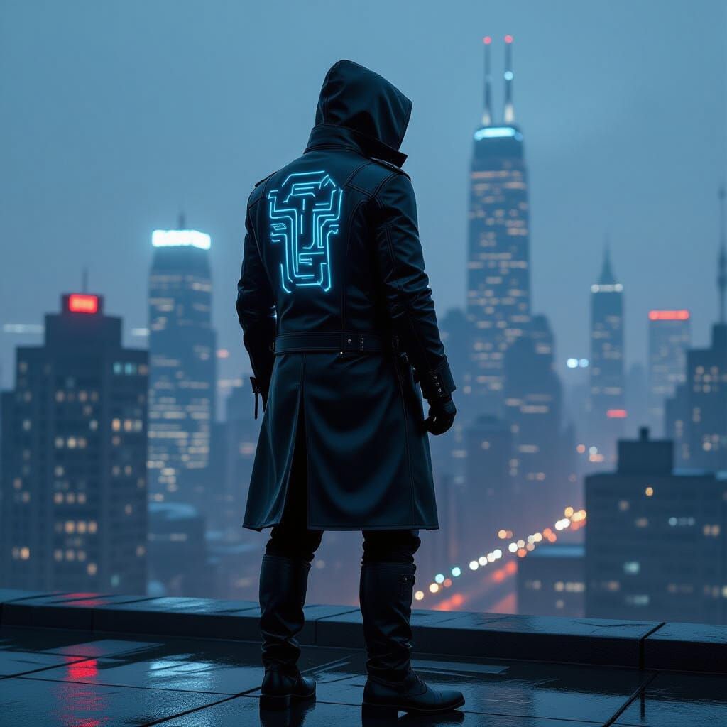 Cyberpunk Lone Wolf on Rooftop at Night