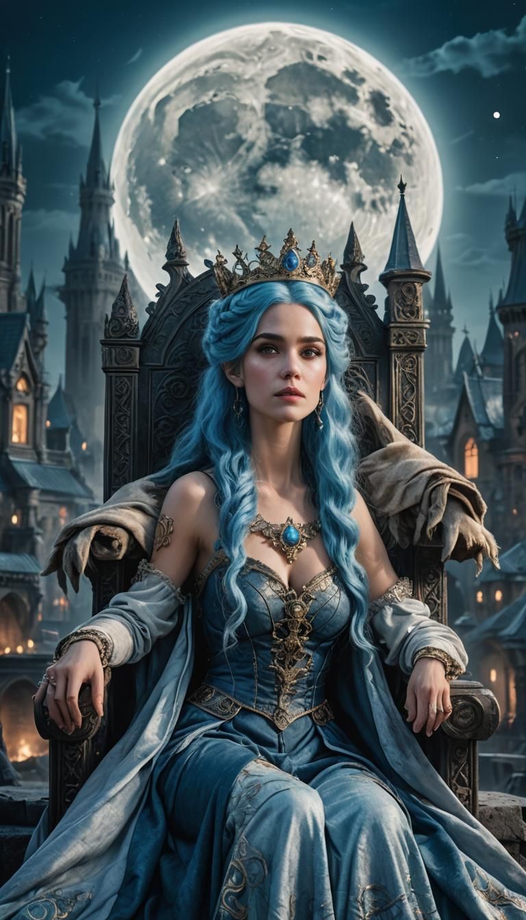 Blue-Haired Queen on Throne in Fantasy City
