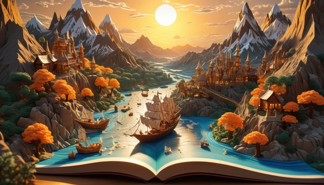 Origami Fantasy World Emerging from an Open Book