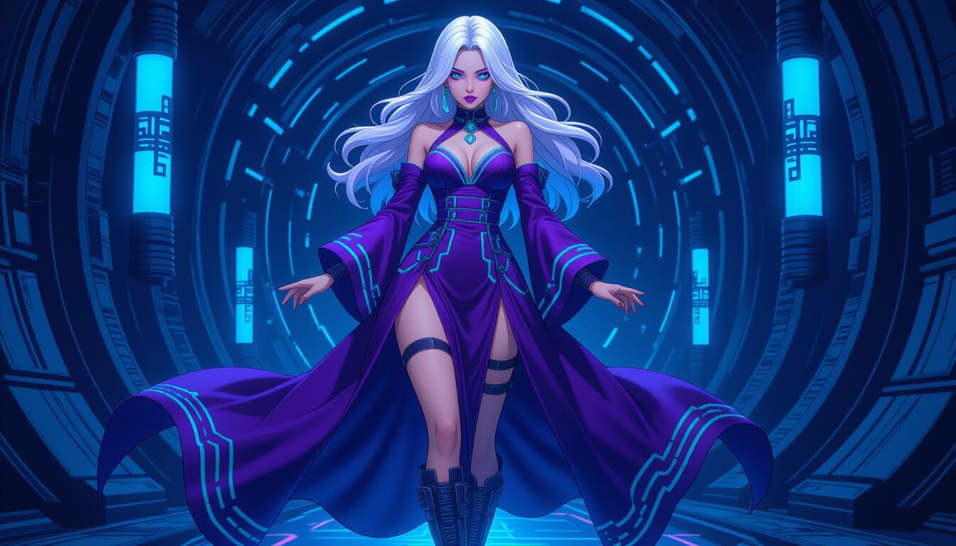 Cyberpunk Android in Flowing Purple Dress, Anime Style