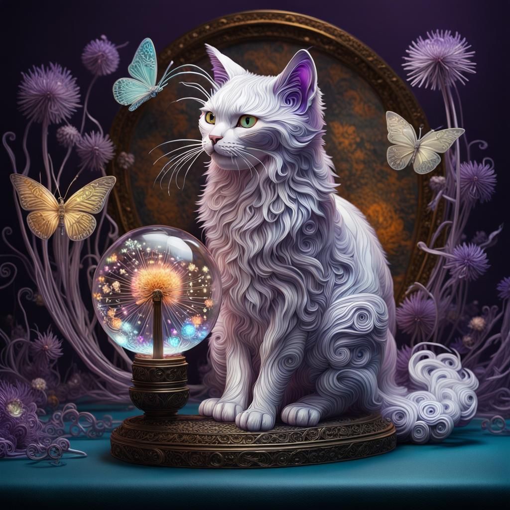 Iridescent Quilling Cat with Butterfly, Digital Art