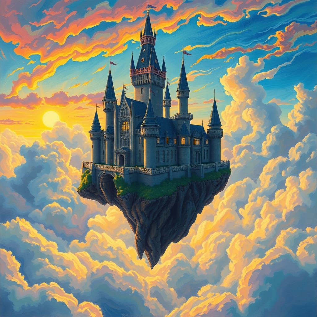 Floating Castle in Vibrant Painterly Style