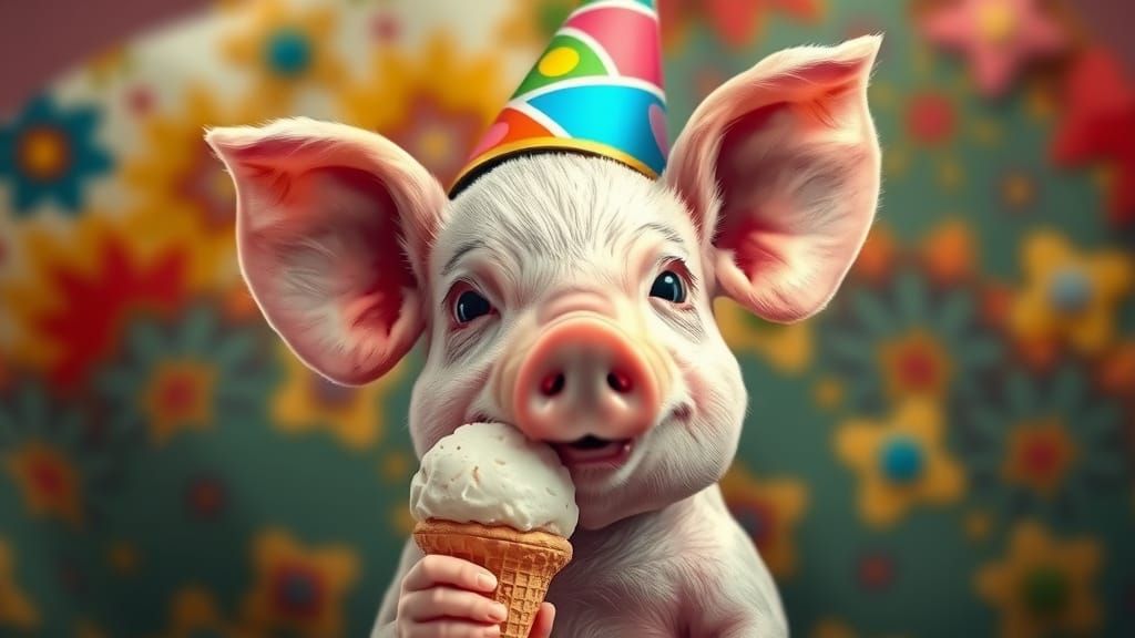 Piglet Celebrates with Ice Cream: Hyperrealistic AI Art