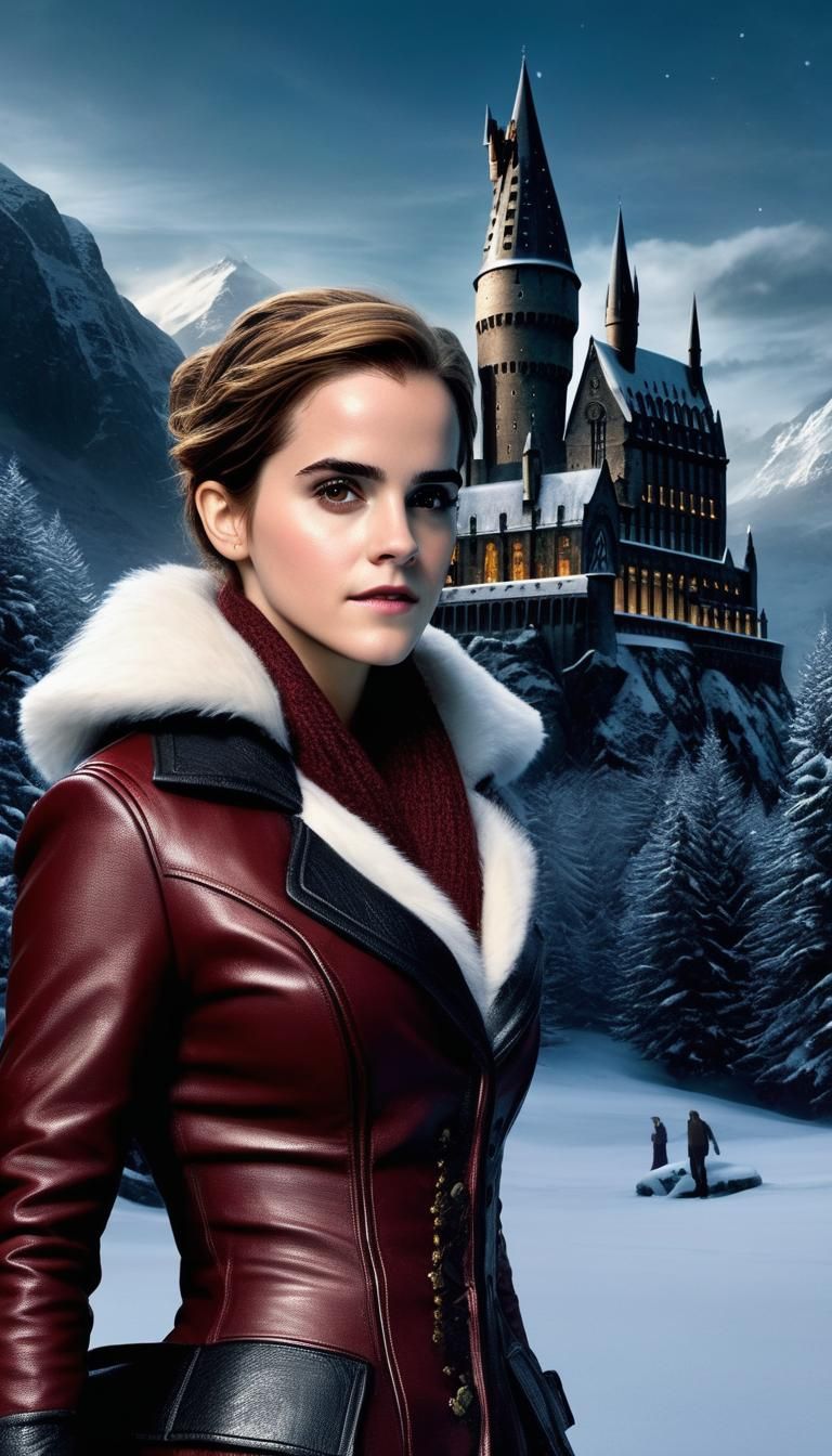 Hyperrealistic Santa Girl at Hogwarts in Winter