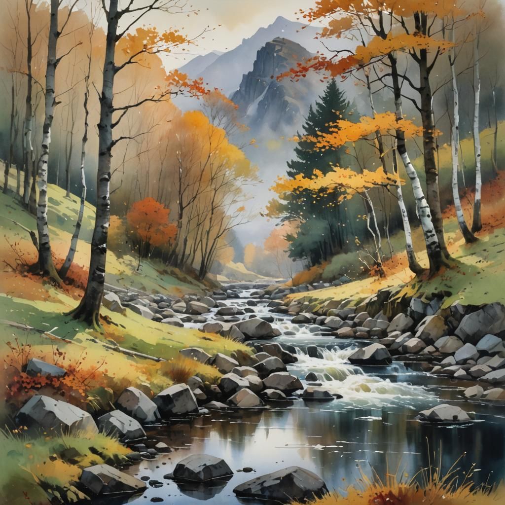 Autumn Landscape with Creek in Watercolor Style