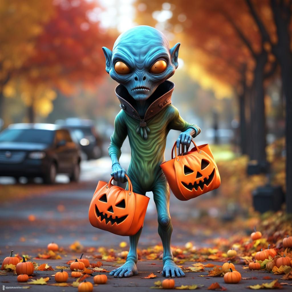 Hyperrealistic 3D Alien on Autumn Sidewalk