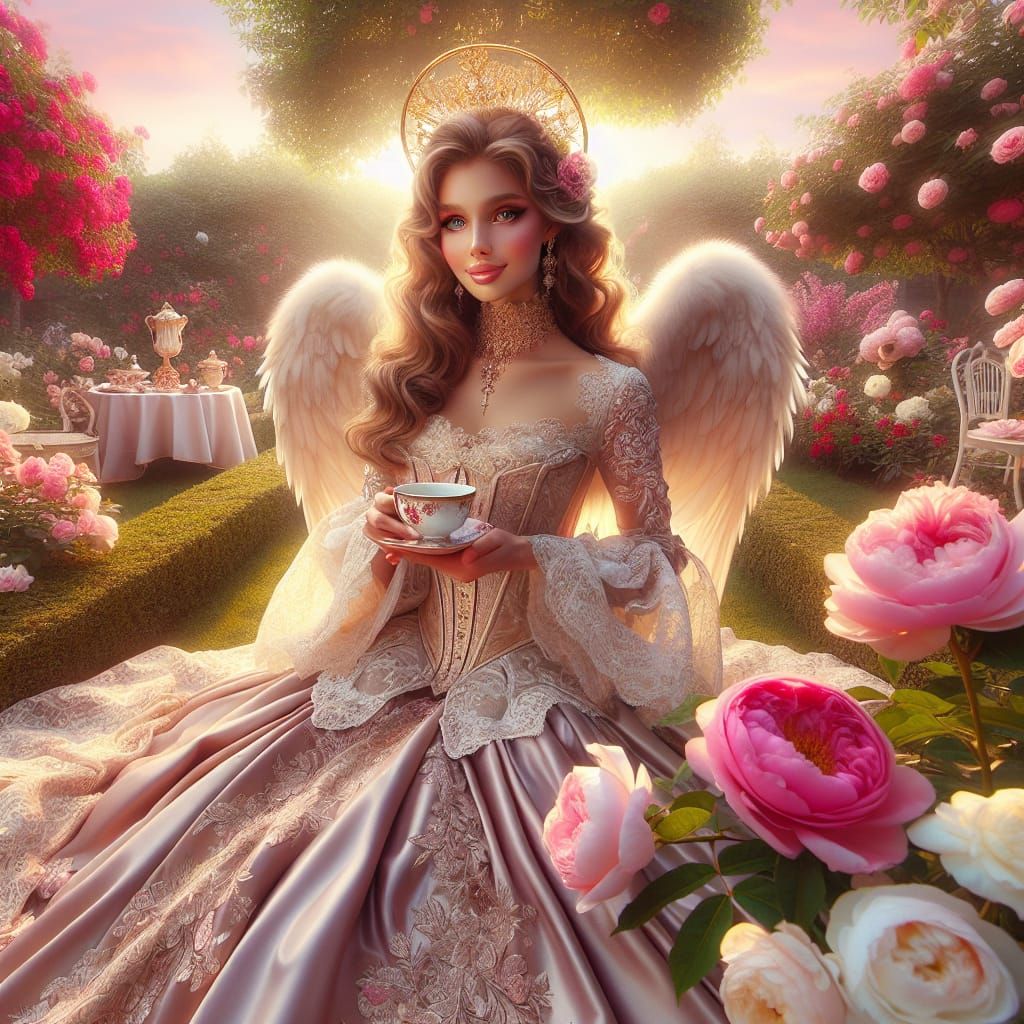 Regal Angel Sips Morning Coffee in Serene Garden Sanctuary