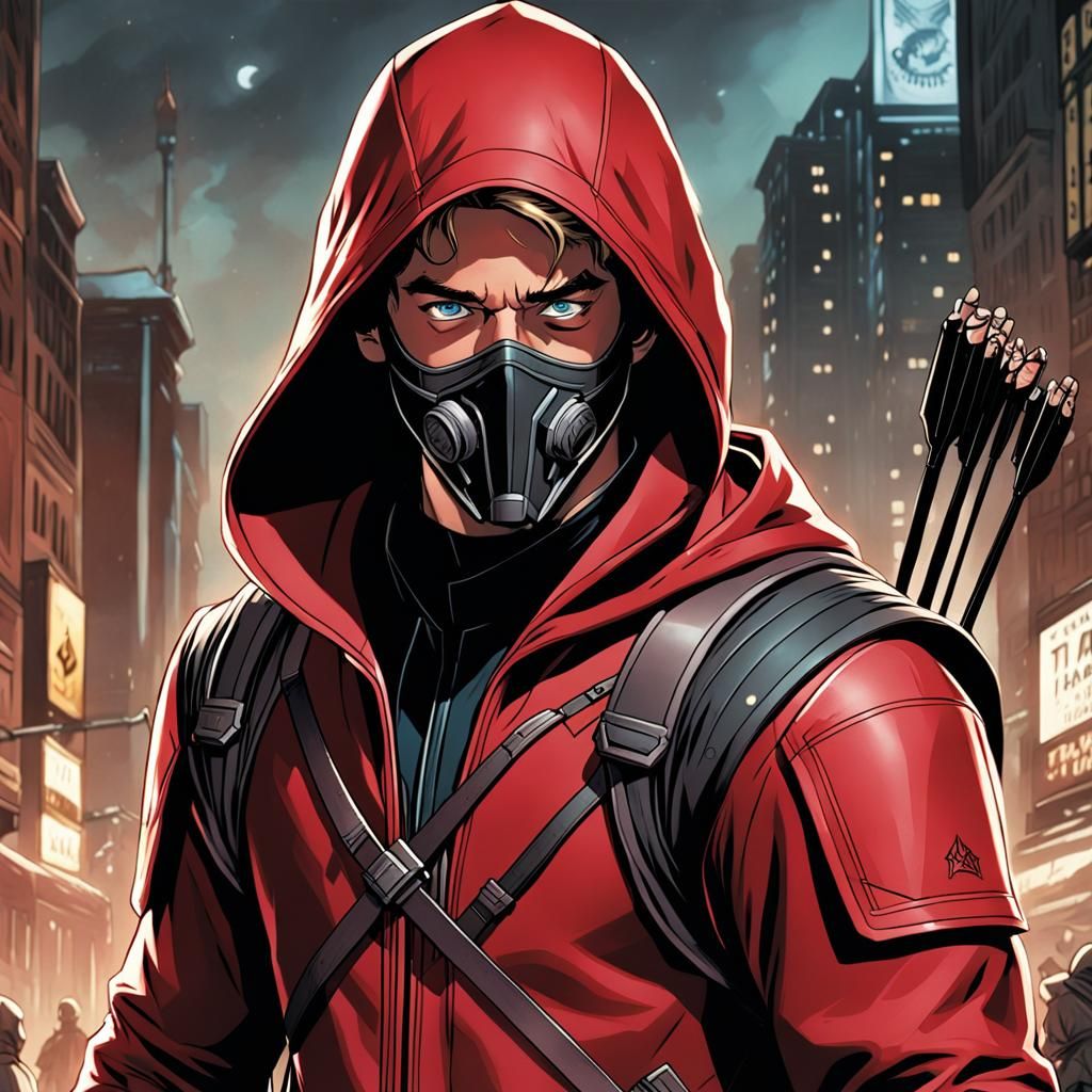 Hooded Archer in Dark Red Suit, Comic Book Art