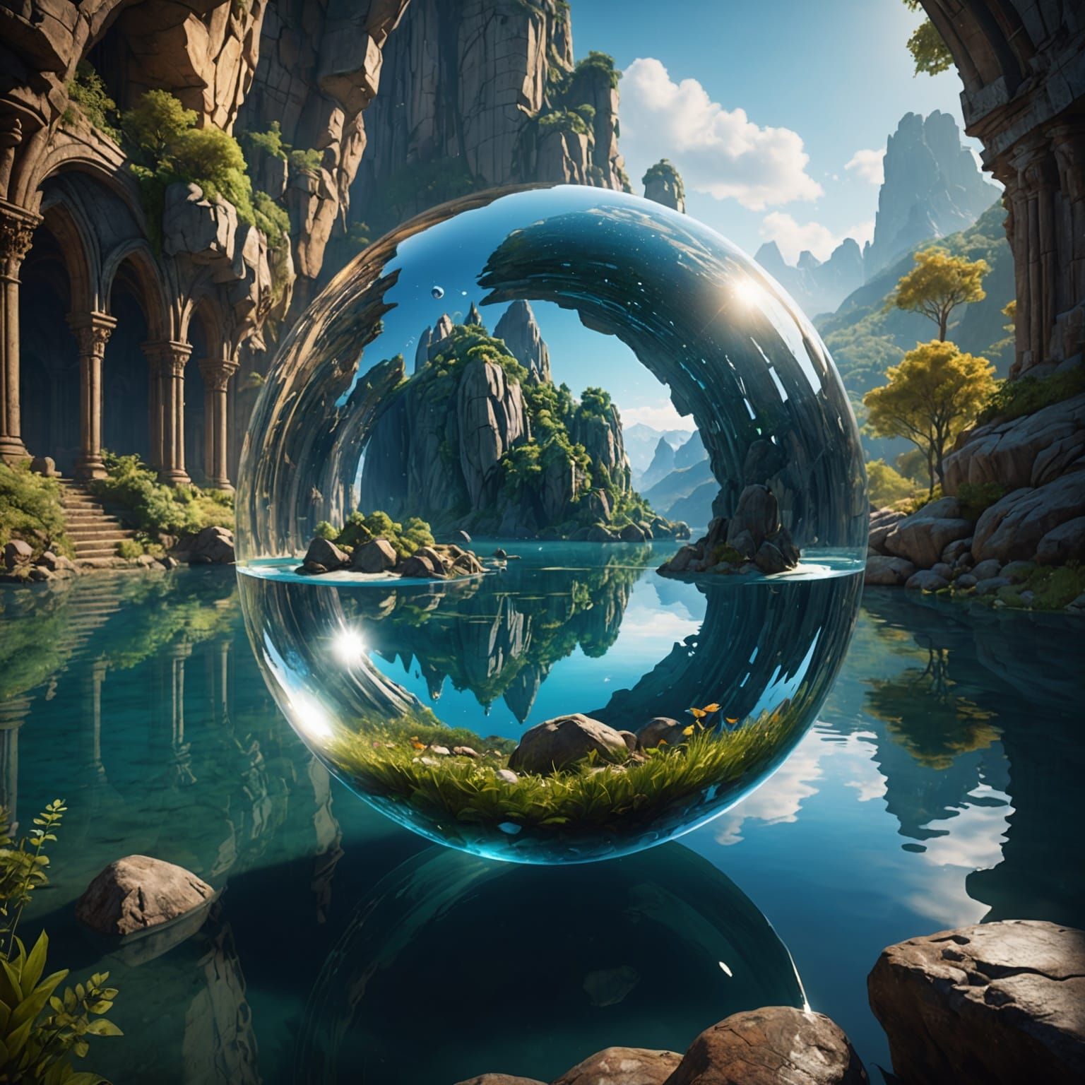 Crystal Cave Reflection with Water Sphere