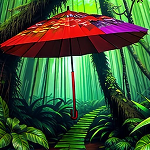 Colorful Umbrellas in a Lush Rainforest Scene