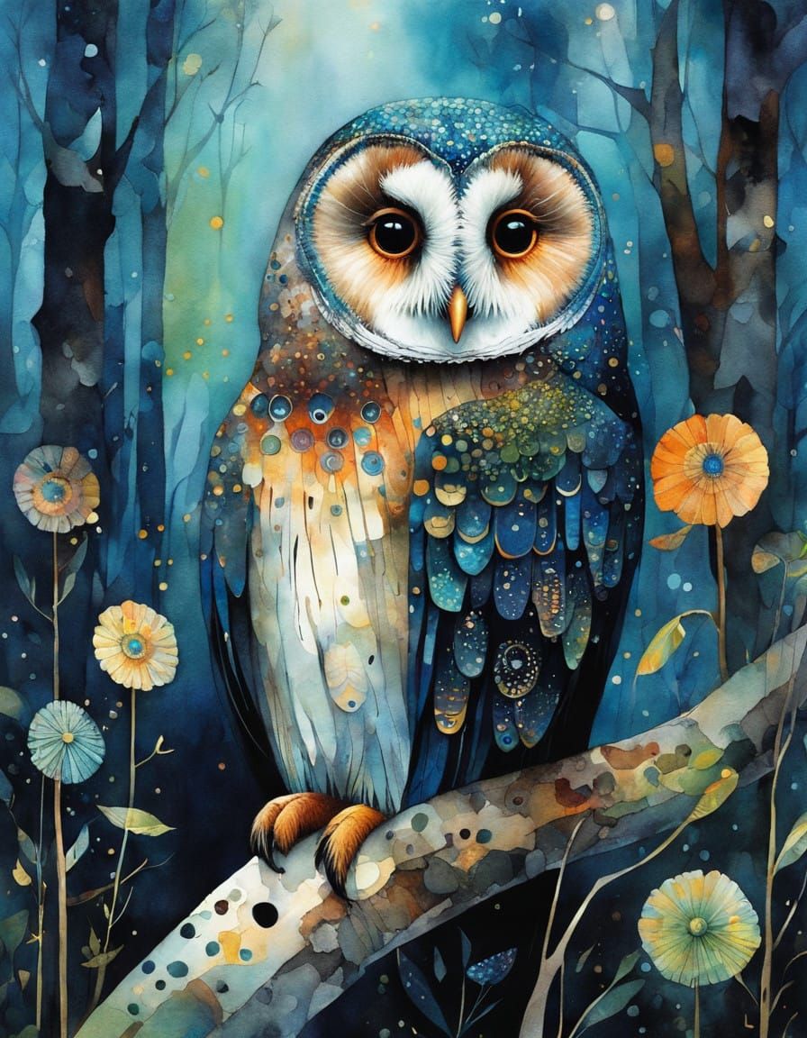 Whimsical Magical Forest Owl in Intricately Detailed Cubist...