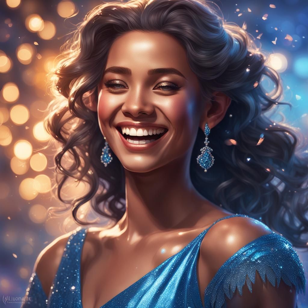 Laughing Woman in Blue Dress, Detailed Portrait