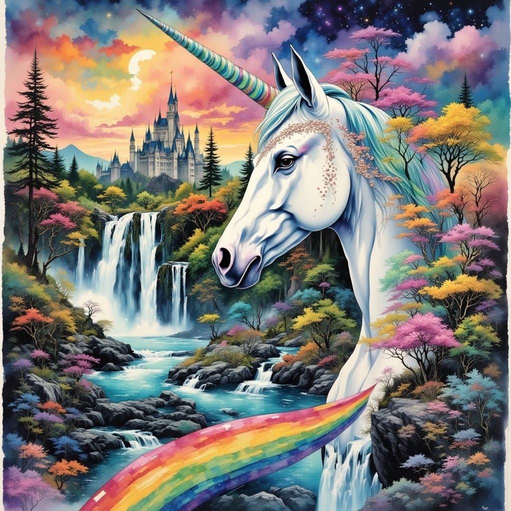 Unicorn Collage as Watercolor Tapestry