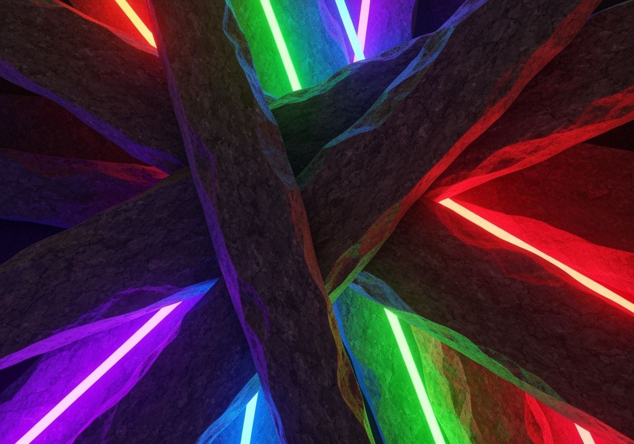 Irregular Stone Fragments Illuminated by Vibrant Neon Lights