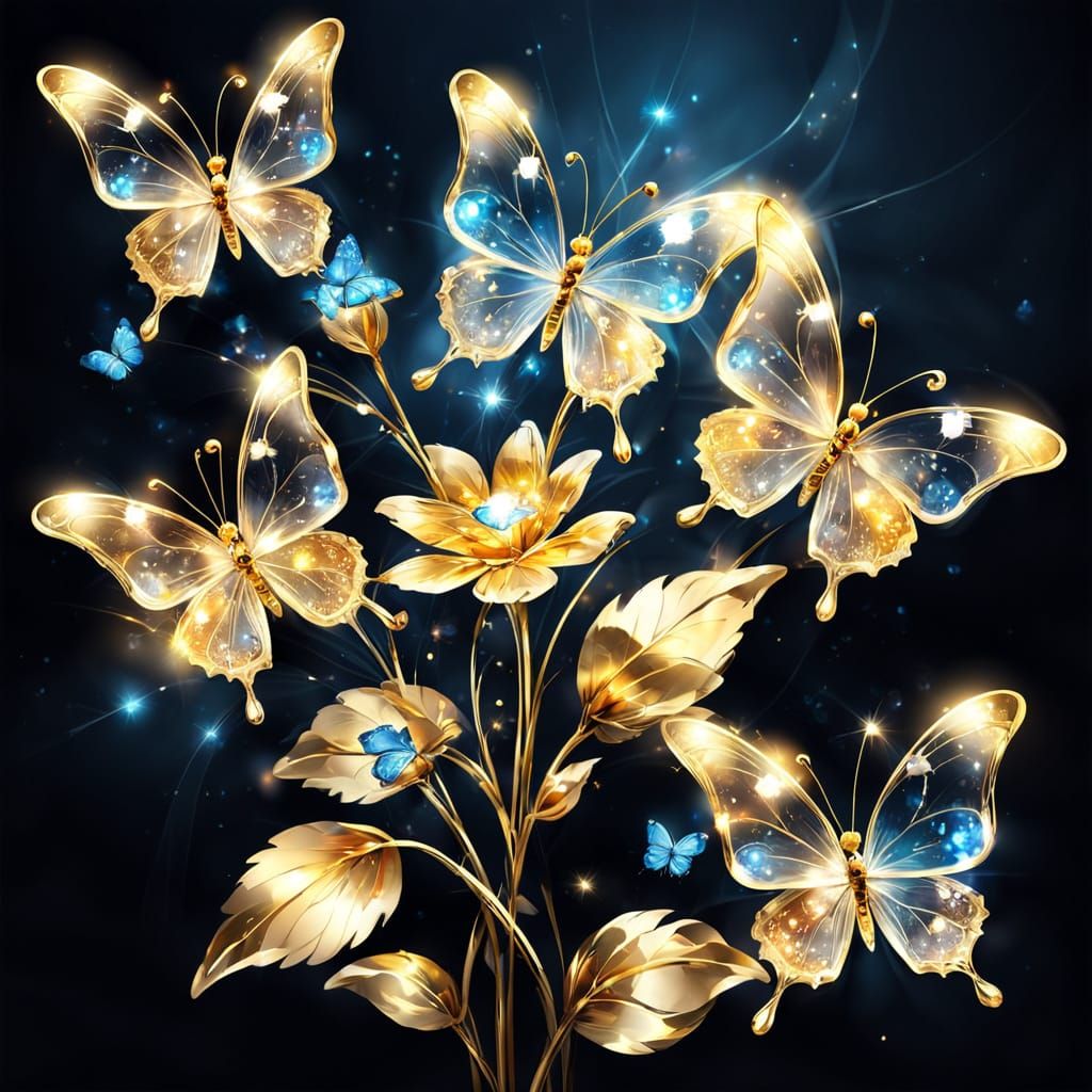Crystal Flower with Golden Veins and Luminous Butterflies