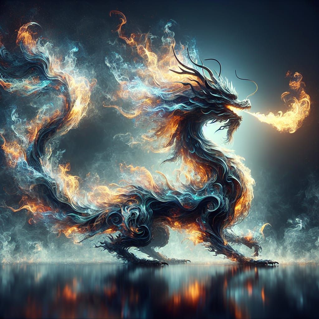 Iridescent Fire Dragon Engulfed in Flames