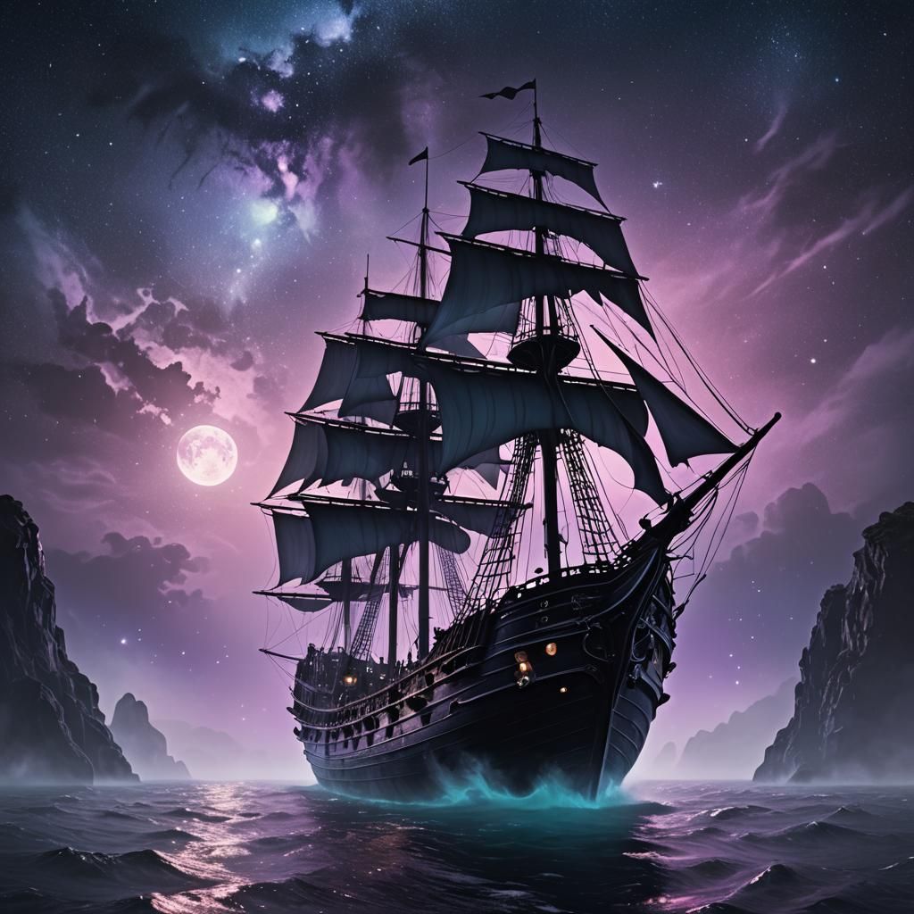 Obsidian Ghost Ship Glides Through Starry Ocean