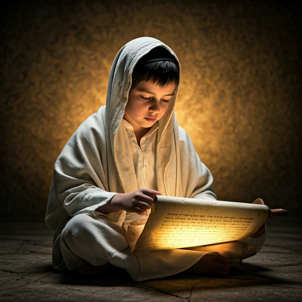 Ancient Jewish Boy Studies Sacred Scroll in Warm, Golden Lig...