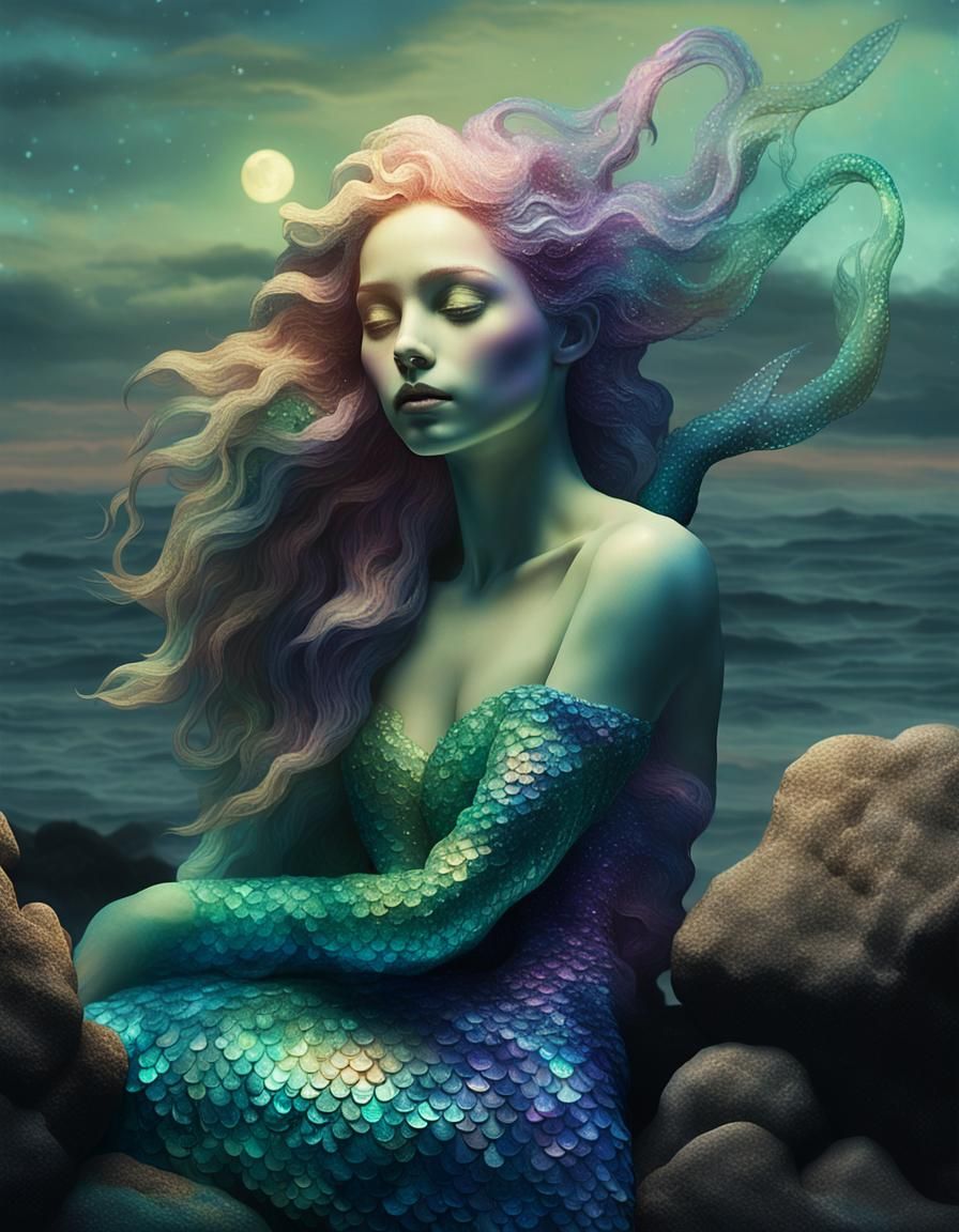 Melancholic Mermaid on Moonlit Ocean Rock