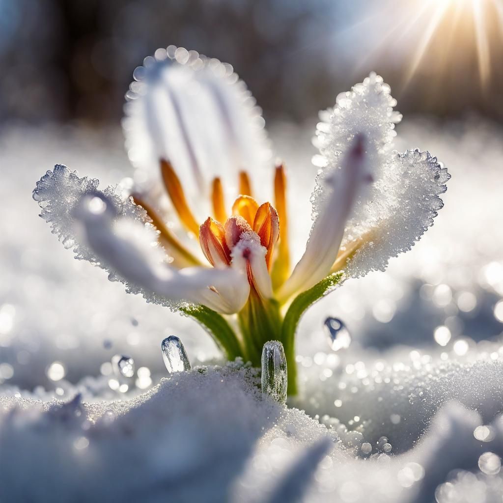 Spring Flower Emerges from Snow: Macro Digital Painting