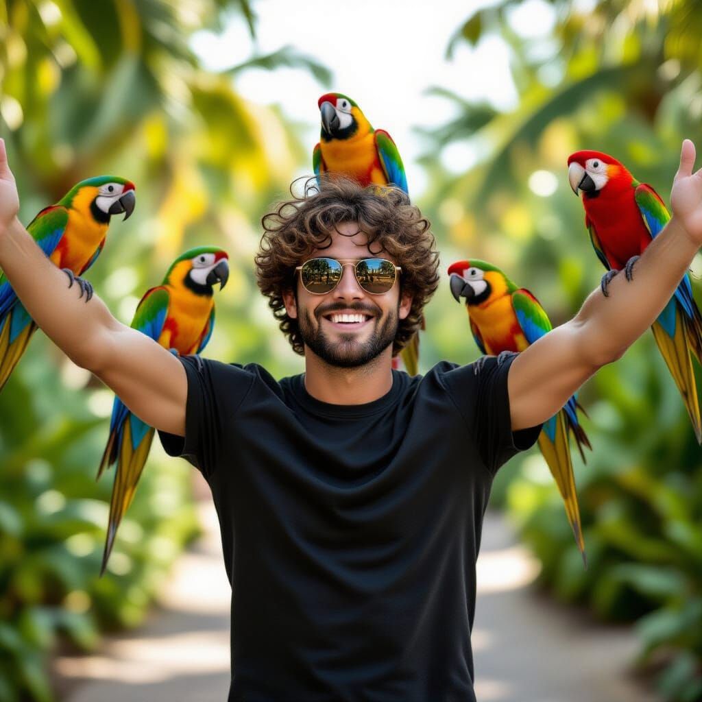 Man Joyfully Covered in Colorful Parrots at Marine World