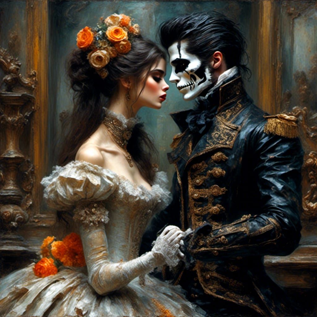 Gothic Ghoul Couple Kissing in Orangerie Portrait