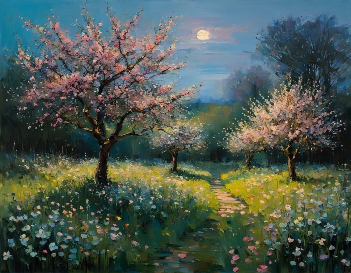Abstract Apple Blossom Garden in Soft Evening Light