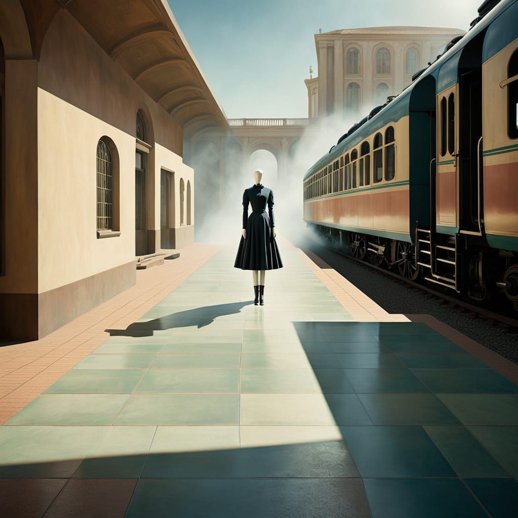 A surreal empty plaza in the style of Giorgio de Chirico. Ne...