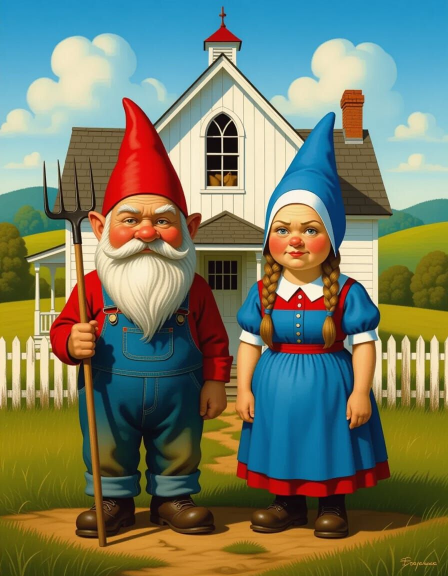 Gnome Couple in American Gothic Style Oil Painting